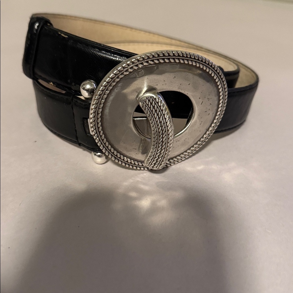 VTG Black Leather Lined Belt Womens ML Silver hammered Toggle Buckle adjustable